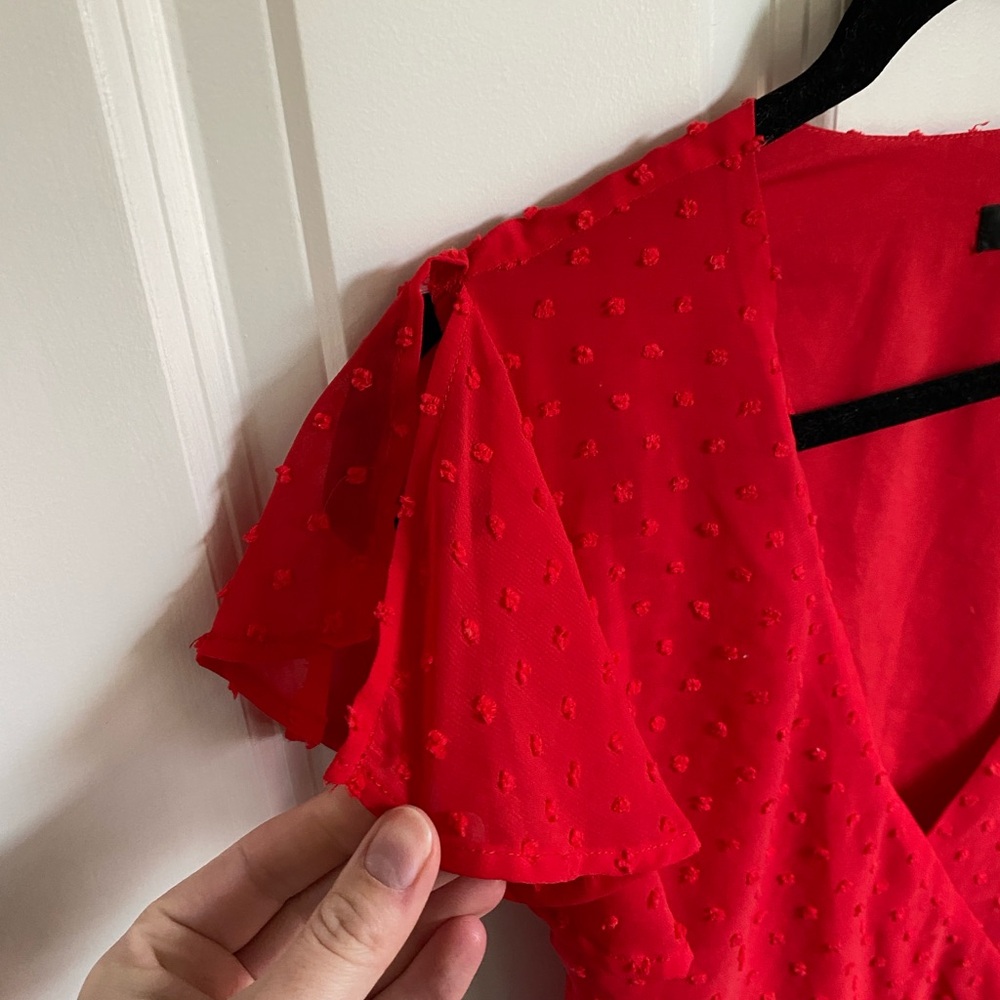 NWOT Lulu’s Much to Celebrate Red Swiss Dot Flutter Sleeve Wrap Mini Dress - Picture 5 of 8